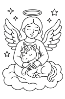 Engel mit Einhorn auf Wolke