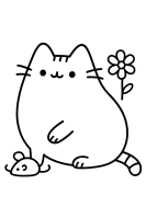 Pusheen mit Spielzeugmaus und Blume