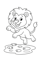 Löwe springt über Pfütze