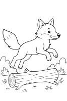 Fuchs springt über Baumstamm